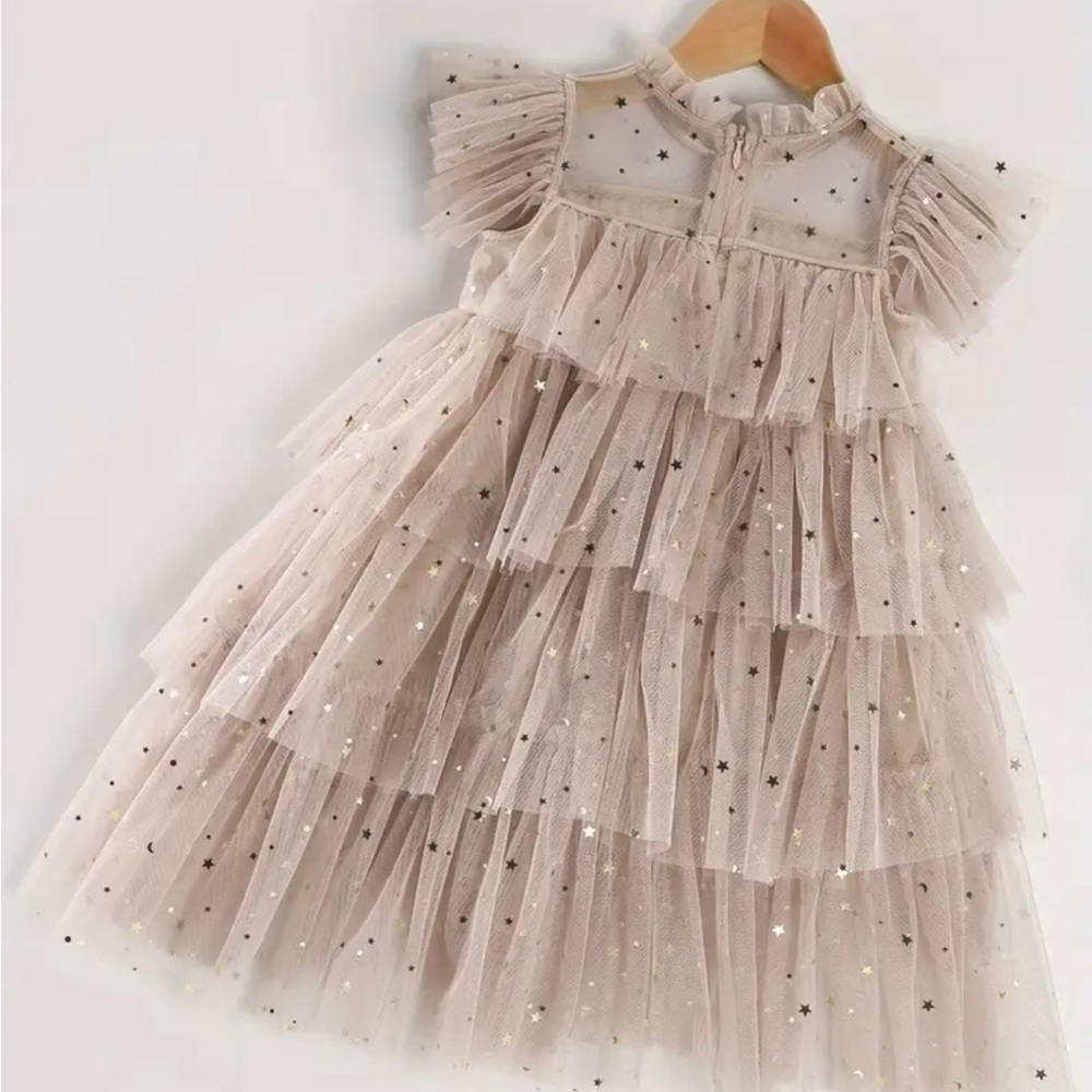 Girls Dress, Star Sequin Mesh Princess Dress, Girls Summer Outfit Short Sleeve